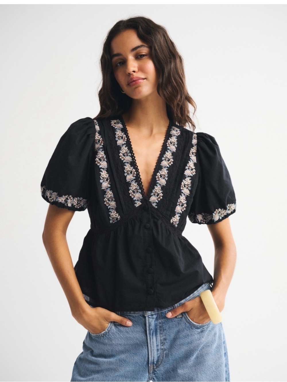 Black Embroidered V-Neck Puff Sleeve Top